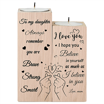 Wood Candle Holder, with Candles inside, Rectangle with Word, Hand Heart, 120x45mm, 100x45mm, 2pcs/set