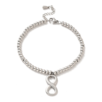 304 Stainless Steel Infinity Charm Bracelet with 201 Stainless Steel Round Beads for Women, Stainless Steel Color, 8-3/4 inch(22.3cm)