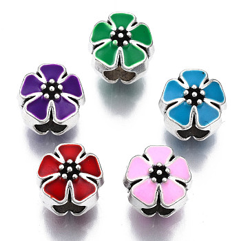 Alloy Enamel European Beads, Large Hole Beads, Cadmium Free & Lead Free, Antique Silver, Flower, Mixed Color, 10x10x10mm, Hole: 4.5mm