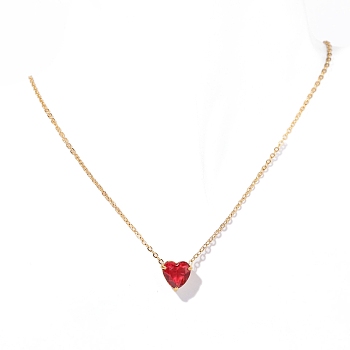 Stainless Steel Pave Cubic Zirconia Heart Pendant Cable Chain Necklaces for Women, Golden, Red, 15.75 inch(40cm)