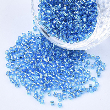 Glass Cylinder Beads, Seed Beads, Silver Lined, Round Hole, Dodger Blue, 1.5~2x1~2mm, Hole: 0.8mm, about 8000pcs/bag, about 85~95g/bag