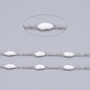 Handmade Enamel Beaded Chains, with Stainless Steel Curb Chains and Spool, Soldered, Stainless Steel Color, White, 1.5x1x0.1mm, about 32.8 Feet(10m)/roll