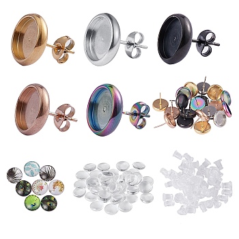 DIY Earrings Kits, Including Silicone Ear Nuts, Feather Pattern Half Round & Transparent Glass Cabochons, 304 Stainless Steel Stud Earring Settings, Mixed Color, 120pcs/box