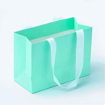 Paper Bags, Gift Bags, Shopping Bags, with Ribbon Handles, Rectangle, Turquoise, 15.5x11.5x7cm