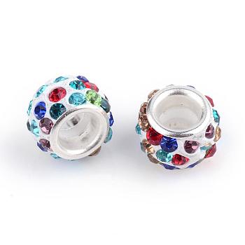 Polymer Clay Rhinestone European Beads, Large Hole Beads, Rondelle, with Silver Color Plated Brass Cores, Colorful, 10~12x7~8mm, Hole: 5mm