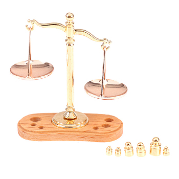 Alloy Miniature Balance Scale Display Decorations, with Wood Base, for Dollhouse Decor, Sandy Brown, 19x42x50mm