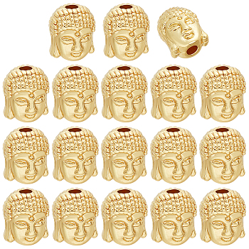 18Pcs Alloy Bead, Buddha Head, Real 18K Gold Plated, 11x9x8mm, Hole: 1.5mm