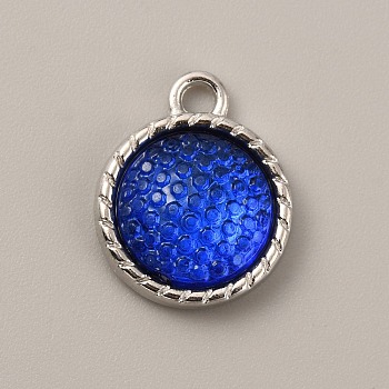 Plastic Pendants, September Birthstone Charms, with Alloy Cabochon Settings, Flat Round, Blue, 18.5x15x5mm, Hole: 2.5mm