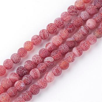 Natural Fire Crackle Agate Bead Strands, Frosted, Dyed, Round, Indian Red, 10mm, Hole: 1.5mm, about 38pcs/strand, 15.1 inch