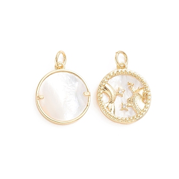 Brass Micro Pave Cubic Zirconia Pendants, with Natural Shell and Jump Ring, Flat Round with Twelve Constellations, Golden, Pisces, 17.5x15x2.5mm, Hole: 3.5mm