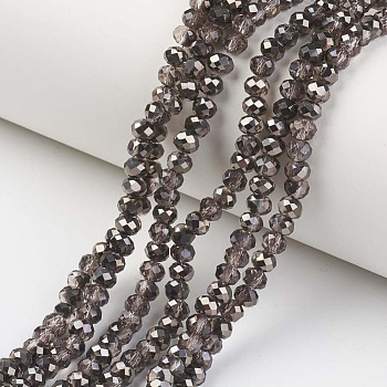 Electroplate Transparent Glass Beads Strands, Half Black Plated, Faceted, Rondelle, Coconut Brown, 6x5mm, Hole: 1mm, about 85~88pcs/strand, 16.1~16.5 inch(41~42cm)