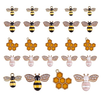 24Pcs 4 Style Alloy Enamel Pendants, Bees & Honeycomb, Platinum & Golden, 13.5~21x17~24x1.5~4mm, 6pcs/style