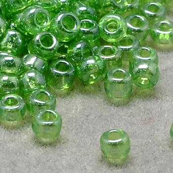 12/0 Grade A Round Glass Seed Beads, Transparent Colours Lustered, Lime Green, 12/0, 2x1.5mm, Hole: 0.3mm