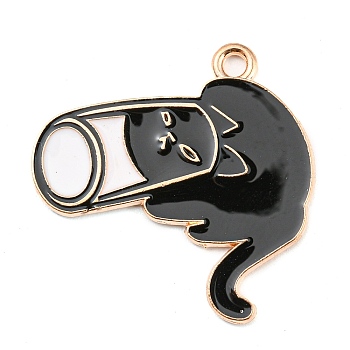Alloy Enamel Pendants, Light Gold, Cat with Cup Charm, 26x26x1mm, Hole: 1.8mm