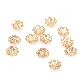 Brass Fancy Bead Caps, Long-Lasting Plated, Multi-Petal, Flower, Light Gold, 7x2mm, Hole: 1mm