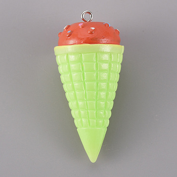 Resin Pendants, with Platinum Iron Loops, Ice Cream, Lawn Green, 48x23x23mm, Hole: 2mm