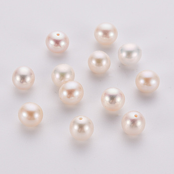 Natural Cultured Freshwater Pearl Beads, Round, Polished, Grade A, Half Drilled Hole, White, 7~7.5mm, Hole:0.8mm