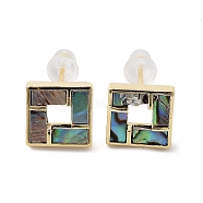Natural Paua Shell Square Stud Earrings, Brass Earrings with 925 Sterling Silver Pins, Real 14K Gold Plated, 9.5x9.5mm(EJEW-P256-13G)