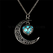 Alloy & Luminous Stone Hollow Moon Heart Pendant Necklaces, Elegant and Unique Fashion Accessory, Platinum, Turquoise, (IT8528-3)