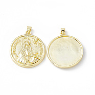 Rack Plating Brass Pendants, Long-Lasting Plated, Lead Free & Cadmium Free, Flat Round with Virgin Mary Charm, Real 18K Gold Plated, 33.5x30x4mm, Hole: 4x3mm(KK-B065-07G)