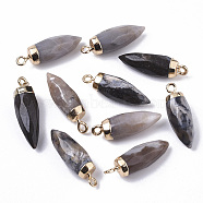 Top Golden Plated Natural Flower Agate Pointed Pendants, with Iron Loops, Faceted, Bullet, 25~26x7~8mm, Hole: 1.8mm(G-S359-078H)