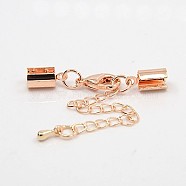 Brass Chain Extender, with Cord Ends and Lobster Claw Clasps, Rose Gold, 36mm, Hole: 4mm, Cord End: 10x5mm, Hole: 4mm(KK-K003-RG)