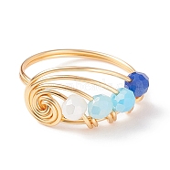 Glass Braided Vortex Finger Ring, Golden Copper Wire Wrap Jewelry for Women, Blue, US Size 8(18.1mm)(RJEW-TA00046-03)