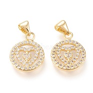 Brass Micro Pave Clear Cubic Zirconia Pendants , Long-Lasting Plated, Flat Round with Heart, Golden, 21x13x2mm, Hole: 5x4mm(ZIRC-L096-24G)