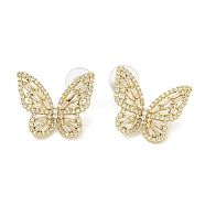 Rack Plating Butterfly Brass Micro Pave Clear Cubic Zirconia Stud Earrings, Golden, 21x25.5mm(EJEW-H014-09G)