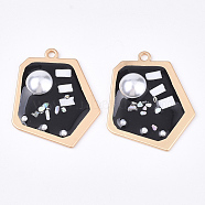 Epoxy Resin Pendants, with ABS Plastic Imitation Pearl & Glass & Shell, Alloy Findings and Enamel, Polygon, Matte Gold Color, Black, 37x35x5.5mm, Hole: 2mm(RESI-S365-74A)