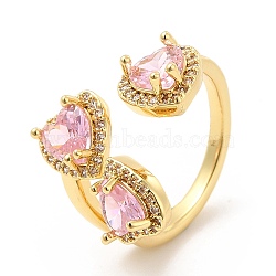 Pink Cubic Zirconia Triple Heart Open Cuff Ring, Rack Plating Brass Wide Ring for Women, Cadmium Free & Lead Free, Golden, US Size 7 1/4(17.5mm)(RJEW-E064-06G-01)