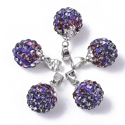 Polymer Clay Rhinestone Pendants, with Platinum Tone Iron Pinch Bail, Round, Purple, PP12(1.8~1.9mm), 13x10mm, Hole: 4.5x3.5mm(RB-S055-38F)