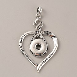 Tibetan Style Alloy Rhinestone Hang Snap Base Pendants, for Interchangeable Snap Charms Jewelry Making, Heart with Word I Love You, Antique Silver, 68x43.5x4.5mm, Hole: 4x7mm(FIND-WH0150-15)