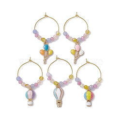Gemstone Wine Glass Charms, with Brass Hoop Earring Findings and Alloy Enamel Pendants, Hot Air Balloon, Mixed Color, 48~53mm, Inner Diameter: 23mm(AJEW-JO00208)