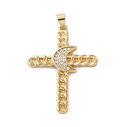 Brass Micro Pave Clear Cubic Zirconia Pendants, Real 18K Gold Plated, Cross, Moon, 36x26~26.5x3~4mm, Hole: 4x3.5mm(KK-A212-06F-G)