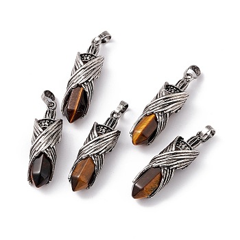 Natural Tiger Eye Pendants, Faceted Bullet Charms, Rack Plating Antique Silver Tone Brass Wing Findings, Cadmium Free & Lead Free, 42.5x12.5x11mm, Hole: 8x5mm