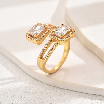 Brass Micro Pave Zirconia Cuff Ring, Rectangle Open Ring for Women