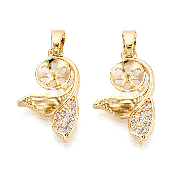 Brass Micro Pave Clear Cubic Zirconia European Dangle Charms Bails, Peg Bails, Fishtail, for Half Drilled Beads, Real 18K Gold Plated, 24x14x3mm, Hole: 5.5x3mm, Pin: 0.8mm
