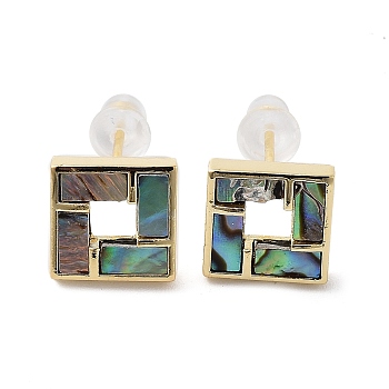 Natural Paua Shell Square Stud Earrings, Brass Earrings with 925 Sterling Silver Pins, Real 14K Gold Plated, 9.5x9.5mm