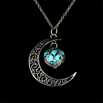 Alloy & Luminous Stone Hollow Moon Heart Pendant Necklaces, Elegant and Unique Fashion Accessory, Platinum, Turquoise, 