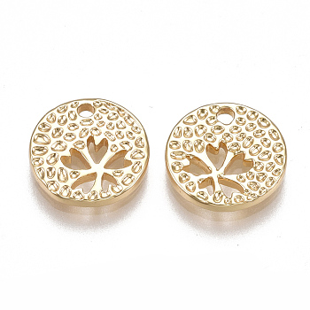 Brass Charms, Real 18K Gold Plated, Flat Round with Clover, 11x2mm, Hole: 1.5mm
