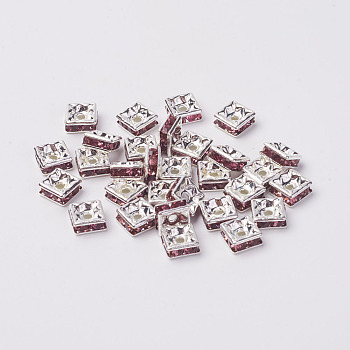 Brass Rhinestone Spacer Beads, Grade A, Silver Color Plated, Square, Light Amethyst, 6x6x3mm, Hole: 1mm