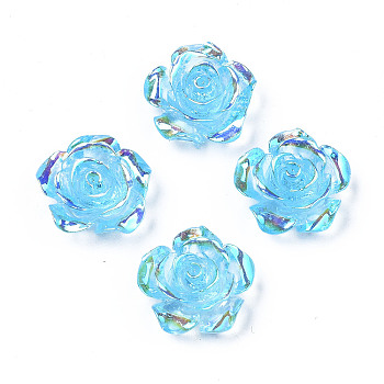 Transparent Resin Cabochons, AB Color Plated, Rose Flower, Deep Sky Blue, 15x14x6mm