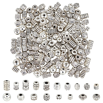 180Pcs 18 Styles Tibetan Style Alloy Beads, Mixed Shapes, Antique Silver, 4~9x3~6mm, Hole: 1~3mm, 10pcs/style