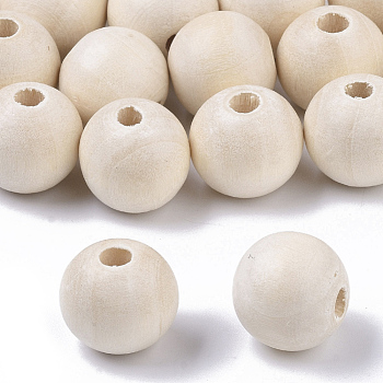 Natural Unfinished Wood Beads, Waxed Wooden Beads, Smooth Surface, Round, Floral White, 14mm, Hole: 2.5mm
