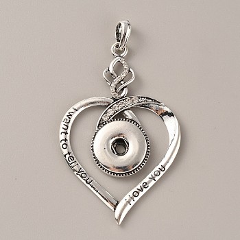 Tibetan Style Alloy Rhinestone Hang Snap Base Pendants, for Interchangeable Snap Charms Jewelry Making, Heart with Word I Love You, Antique Silver, 68x43.5x4.5mm, Hole: 4x7mm