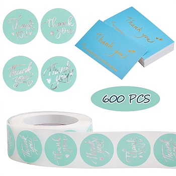 1 Roll Word Thank You Self Adhesive Paper Stickers, with 2 Bag Thank You Theme Card, Turquoise, 2.5cm