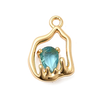 Brass Glass Pendants, Teardrop Charm, Nickel Free, Real 18K Gold Plated, 15x10.5x4.5mm, Hole: 1.2mm