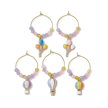 Gemstone Wine Glass Charms, with Brass Hoop Earring Findings and Alloy Enamel Pendants, Hot Air Balloon, Mixed Color, 48~53mm, Inner Diameter: 23mm