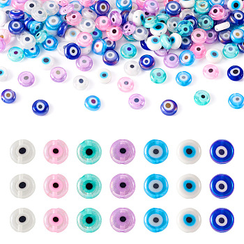 Pandahall 175Pcs 7 Colors Handmade Evil Eye Lampwork Beads, AB Color Plated, Flat Round, Mixed Color, 8x3mm, Hole: 1mm, 25pcs/color